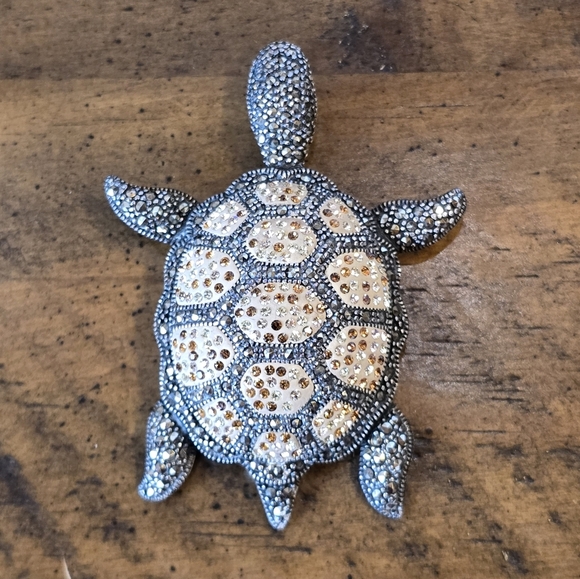 Sterling Silver Turtle Marcasite Topaz Color Pave Crystal Pendant - Picture 1 of 7
